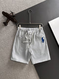 Men's White Drawstring Denim‑Style Casual Shorts, Blue Rider Embroidery Knee‑Length Shorts